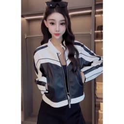 Spring Autumn New Contrast Lines Stitching Pu Leather Coat Women Loose Joker Stand Collar Explosions Short Leather Jacket