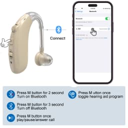 Rechargeable Bluetooth Hearing Aid for Seniors Adults Digital 16 Channel BTE Hearing Aids with Noise Cancelling