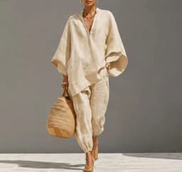 Women’s Summer Casual, Loose-Fitting, Solid-Colored, Deep V-Neck, Batwing Sleeves, Ankle-Cuffed, Nine-Inch Pants, Leisure Outfit