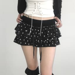 Women's Y2K Star Print Ruffle Mini Skirt High Waist Layered Flounce Shorts with Drawstring, Edgy Sweet Streetwear Spring Summer