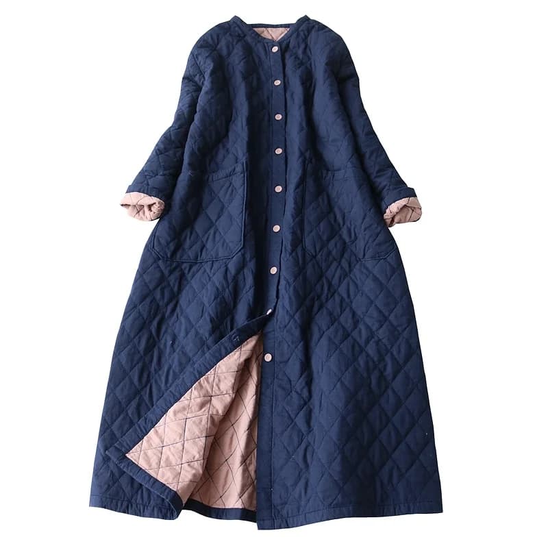 High-End Lightweight Diamond Stitched Cotton Jacket Long round Neck Versatile Warm Women's plus Size Cotton Coat Pure Color