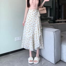 High Waist A-Line Floral Print Chiffon Halter Neck Dress Women's Summer New Style Belted Wrap Skirt Casual Polyester Fiber