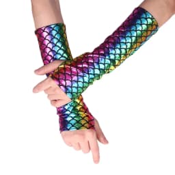 Women Mermaid Costume Fish Scale Pattern Printed Fingerless Long Gloves Arm Sleeves Adult Halloween Cosplay Costume Accessory