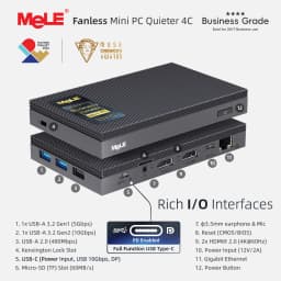 MeLE Business Grade Quieter 4C Fanless Mini PC N150 8GB 128GB Windows 11 Pro 3.6GHz 4K Display USB-C PD3.0 7×24 Commercial Use