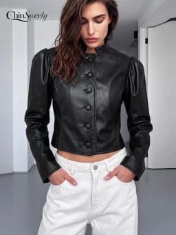 Cropped PU Leather Women's Jackets Coats Puff Sleeve Single Breasted Coat Button Slim Fit Short Jacket Vintage Lady Outerwear
