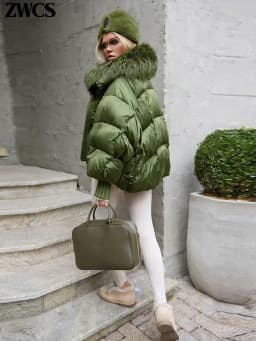 Warm Fur Collar Cotton Coats Women's Green Lapel Zipper Full Sleeve Padded Jacket Overcoat 2026 Winter New Lady Loose Streetwear