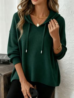 Women's New V Neck Henley Hooded Pullover Sweatshirt Drawstring Long Sleeve Loose Fit Trendy Casual Office Daily Wear Hoodie Top