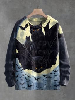 Cute Black Cat Flower Birds Art Pattern Print Casual Knit Pullover Sweater Classic Sweater Men's For Women's Pullover