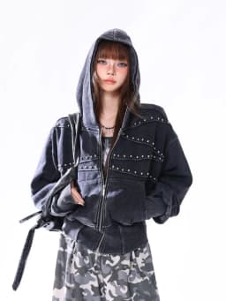 American Y2K retro washed distressed rivet zipper jacket for women autumn short hooded sweatshirt for men