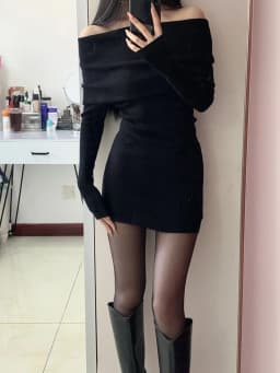 Off Shoulder Slim Waist Tunic Solid Dresses Slash Neck Long Sleeve Fashion Y2k Aesthetic Vestidos Women Sweet Elegant Chic Dress