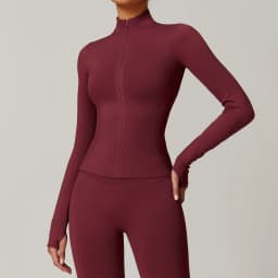 Women's Seamless Long Sleeve Yoga Top Ribbed High Neck Full Zip Slim Fit Sports Jacket Thumb Hole Workout Gym Running Activewear