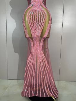 2026 Sexy Sparkly Pink Rhinetones Sequins Strapless Mesh Sheer Long Dress Birthday Evening Celebrate Party Nightclub Stage Wear