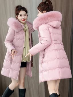 Detachable Fur Collar Thickened down Cotton Jacket Slimming Mid-Length Women's Korean Style Commute Pure Color Coat with Pocket