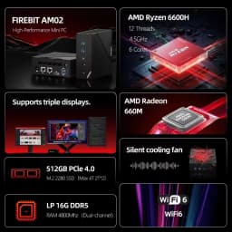 Firebat Am02 Mini Pc Amd Ryzen 5 6600H 16Gb Ddr5 512Gb Ssd Windows 11 Wifi6 Bt5.2 Compact Desktop Computer Network HDMI Port