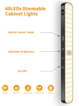 WILLED Motion Sensor Cabinet Warm Light Battery Display 60 LED Touch Light Bar Wireless Rechargeable Battery Night Light