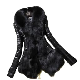 Winter New Slim Imitation Fox Fur Collar Fur Pu Leather Long Sleeve Medium And Long Fashion Street Splicing Thin Coat