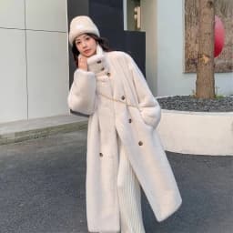 Ladies' Long Over-Knee Thickened Sheepskin Coat Korean Style Loose Fit Rabbit Fur Outerwear Warm Commute Style Button Detail