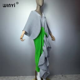 WINYI New Pleated Slim High-Fork Dress for Women Fashion Beach Cover-Up Muslim Kaftan Abaya Dubai Luxury Long Evening Gown
