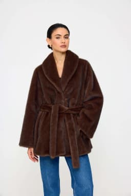 Laur 2026 Shawl Collar Faux Fur Coat Drawstring Waist Mid Length Warm Winter Ladies Plush Fluffy Outerwear