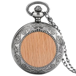 Walnut/Beech Wood Slice Decor Quartz Pocket Watch Grey Black Alloy Metal Watch Case Arabic Numerals Dial Pendant Necklace Watch