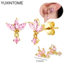 925 Sterling Silver Needle Pink Crystal Heart Hoop Earrings for Women Fashion Geometric Pendant Earrings Luxury Jewelry Gifts