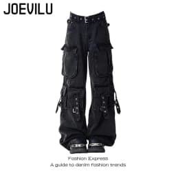 Y2K Black Cargo Pants for Women Straight Leg Jean Edgy Style Pocket Trousers Streetwear 2000s Aesthetic Grunge Pants Pantalones