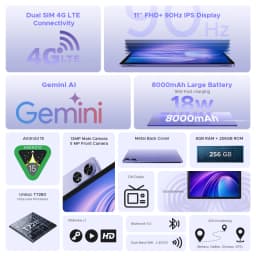 DOOGEE Tab G6+ Tablet Android 15 Gemini Al 11'' Display Dual Speakers 8000mAh Battery 8GB 256GB Support Widevine L1 Smart Pad
