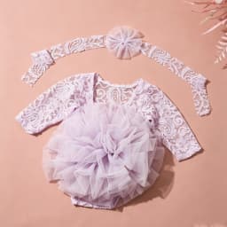 Ylsteed 2 Pieces Set Dusty Pink Newborn Lace Romper for Photo Shooting Fluffy Mesh Lace Photography Outfits with Headband