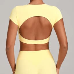 Gym Workout Clothes Backless Running Sports Top Double-layer Stitching No Chest Pad Yoga Wear Fitness Short Sleeve for Women