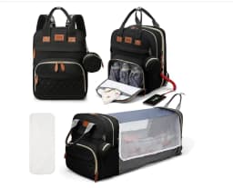 Foldable 3-in-1 Diaper Bag Backpack with USB Charge Waterproof Travel Bag Baby Bed And Changing Mat Included