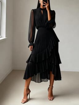 LGRQ 2026 Summer New Solid Color High Waist Dress With Ruffled Hem And Pleats Mid-Length Party Evening Gown