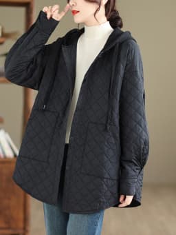 Large Size Women's Faionable Lightweight Hooded Cotton Jaet Autumn Winter New Arrival Diamond Pattern Loose Casual Coat