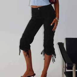 Women American Retro Capri Pants Vintage Drawstring Cuff Pants Solid Color Slim Fit Cropped Trousers Teen Girl Y2k Streetwear
