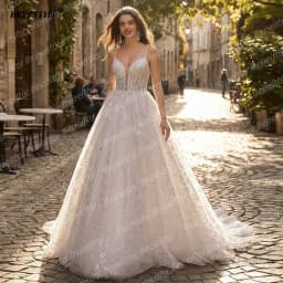 BEPEITHY Customizd Glitter V Neck Lace Wedding Dresses For Women Plus Size Ivory A-Line Bride Spaghetti Straps Bridal Gown 2026