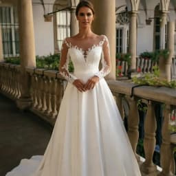 A-Line a Long Sleeve Satin Wedding Dresses Elegant Women's Round Neck Lace Applique vestidos de novia Princess Bridal Dress
