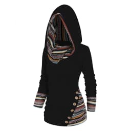 Tribal Geometric Stripe Panel Hooded Knit Top Long Sleeve Mock Button Knitted Women Casual Ethnic Top With Hood