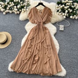 Elegant Criss-Cross chiffon short sleeve Vintage Chic Slim Ball Gown Dresses French Evening High Street Clothing