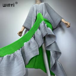 WINYI New Pleated Slim High-Fork Dress for Women Fashion Beach Cover-Up Muslim Kaftan Abaya Dubai Luxury Long Evening Gown