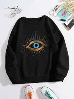 Casual Womens Sweatshirt Vintage Devil's Eye Prints Pullover Soft Breathable Loose Crewneck Hoodie Autumn Winter Female Clothing