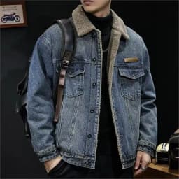 Men's Winter Thickened Warm Cotton Jacket Lamb Velvet Collar Denim Workwear Casual Style Long Sleeve Button Closure Coat