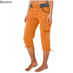 2026 Women's Summer Casual High Waist Drawstring Pocket Workwear Pants Solid Loose Wide Leg Extendable Cuffs 7-inch Pants Female