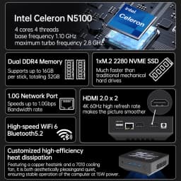 SZBOX Mini PC Intel N5100 Dual DDR4 M.2 2280 NVMe SSD WiFi6 BT5.2 RJ45 Windows 11 Mini Computer