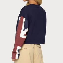 Combhasaki Women's Y2k Cropped Sweatshirt Flag Print Patchwork Long Sleeve Crew Neck Hoodies Casual Loose Fall Pullover Tops
