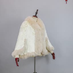 New Extra Long Real Genuine Natural Knitted Rabbit Fur Shawl Coat with Fox Fur Collar Women's Fashion Knit Jacket Cape