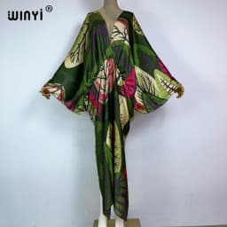 Sexy Beach High-Quality Hand-Rolled Feel Silk Rayon Fashion Print 2021 WINYI Maxi Women's Robes Long Beach V-Neck Bohemian Dress