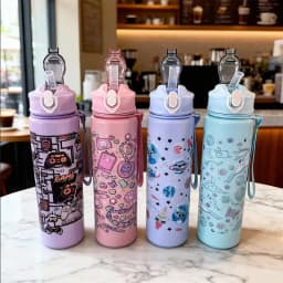 750ml Cute Cartoon Pattern Plastic Water Cup, Large Capacity, Portable, Leak-Proof, with Carrying Strap and Straw, for Travel