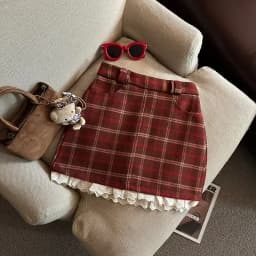Lace Patchwork Plaid Mini Skirts Women Fall Winter High Waist No Belt Faux Wool Skirts Y2K Fashion Preppy All Match A Line Skirt
