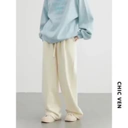 CHIC VEN Women's Pant Streetwear Solid Loose New Drawstring Sports Casual Trousers High Waisted Pants Autumn Winter 2025