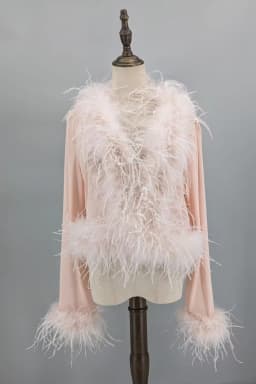 Women See-Through Top with Real Ostrich Feather Brown Black Cropped Jacket Top Bolero 240711