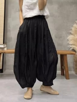Retro Patchwork Hemp Lantern Pants Women's Summer plus Size Slimming Pumpkin Cotton Linen Multi-Panel Frayed Wide Leg Pants